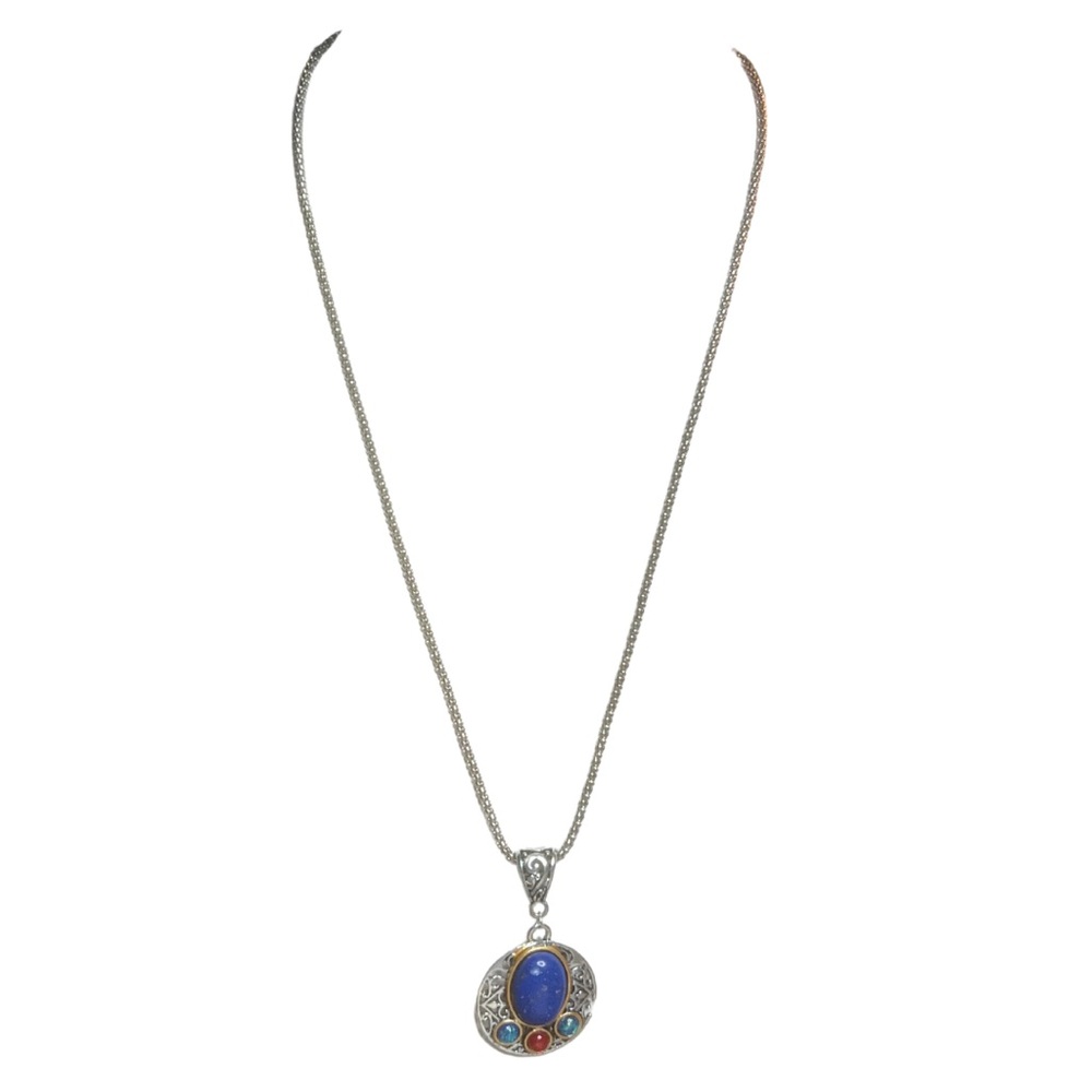 Lapis Laxuli in Openwork Filagree Pendant in Silver Tone